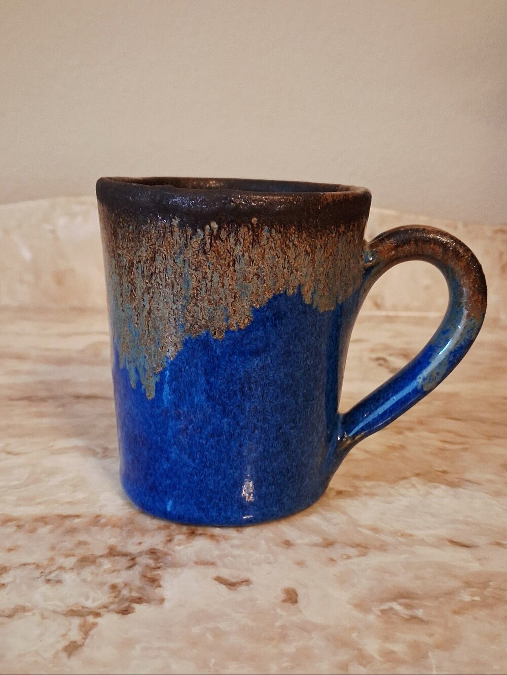 Pigeon River Pottery Stoneware Mug Signed E. Owenby Blue And Brown Drip Glaze